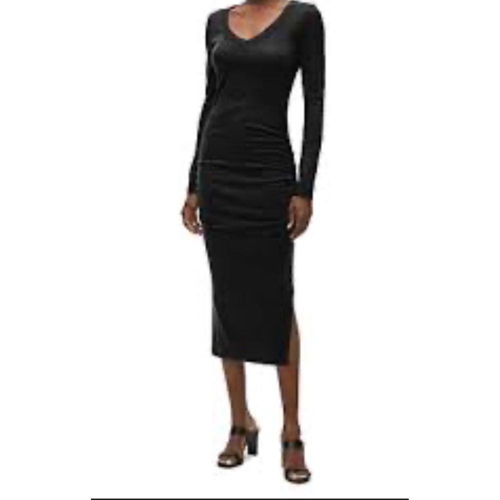 Michael Stars Womens Nova Ultra Ruched Long Sleeve V-Neck Ribbed Midi Dress